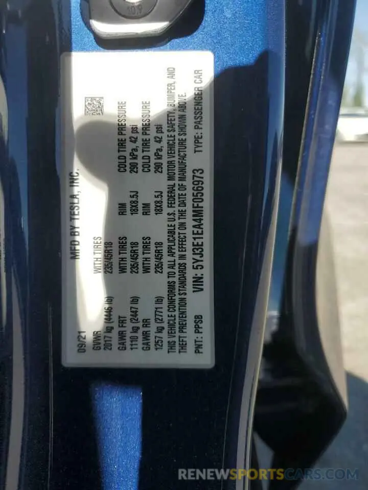 13 Photograph of a damaged car 5YJ3E1EA4MF056973 TESLA MODEL 3 2021