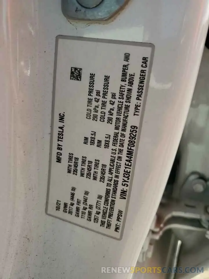 12 Photograph of a damaged car 5YJ3E1EA4MF089259 TESLA MODEL 3 2021