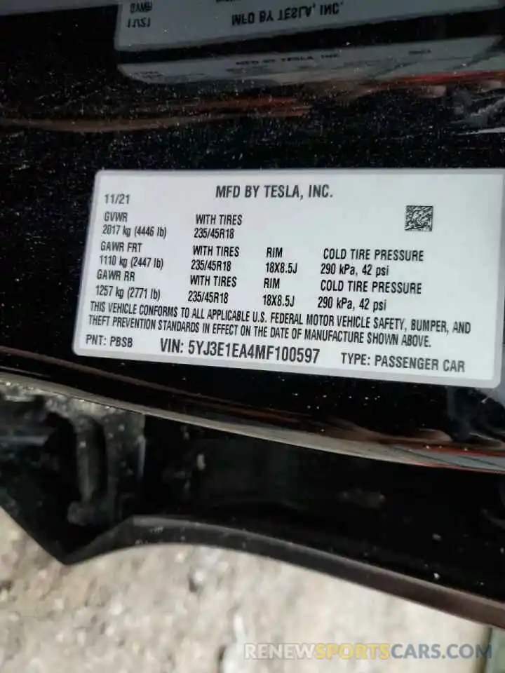 10 Photograph of a damaged car 5YJ3E1EA4MF100597 TESLA MODEL 3 2021