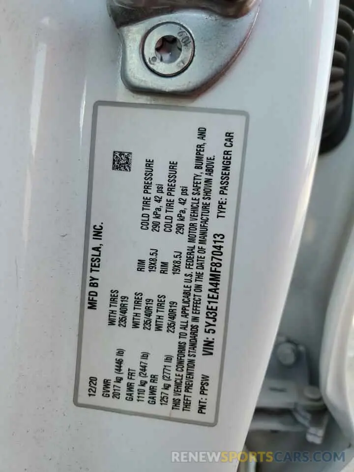 12 Photograph of a damaged car 5YJ3E1EA4MF870413 TESLA MODEL 3 2021
