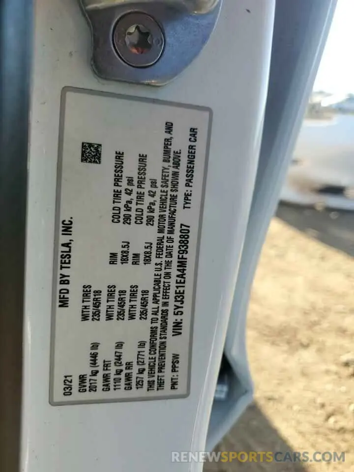 13 Photograph of a damaged car 5YJ3E1EA4MF938807 TESLA MODEL 3 2021