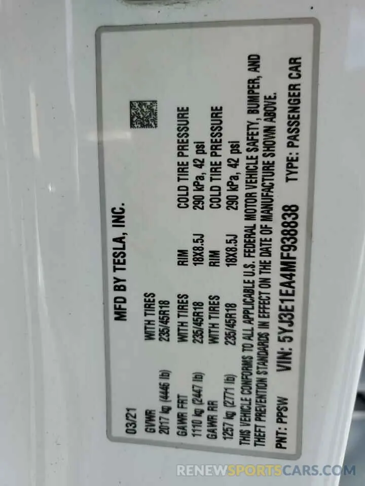 12 Photograph of a damaged car 5YJ3E1EA4MF938838 TESLA MODEL 3 2021