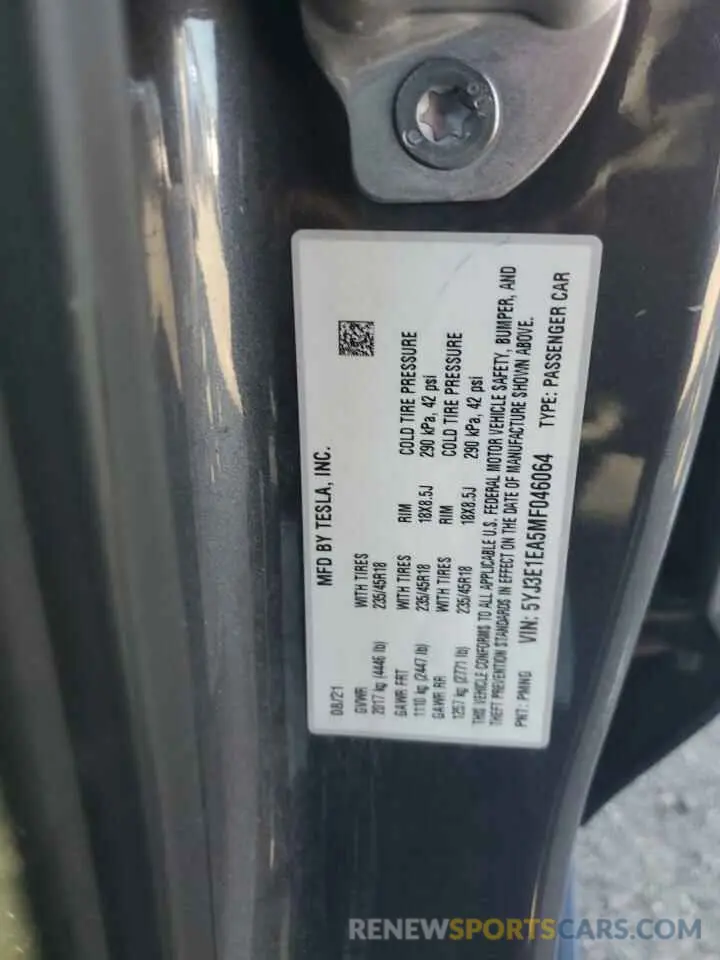 12 Photograph of a damaged car 5YJ3E1EA5MF046064 TESLA MODEL 3 2021
