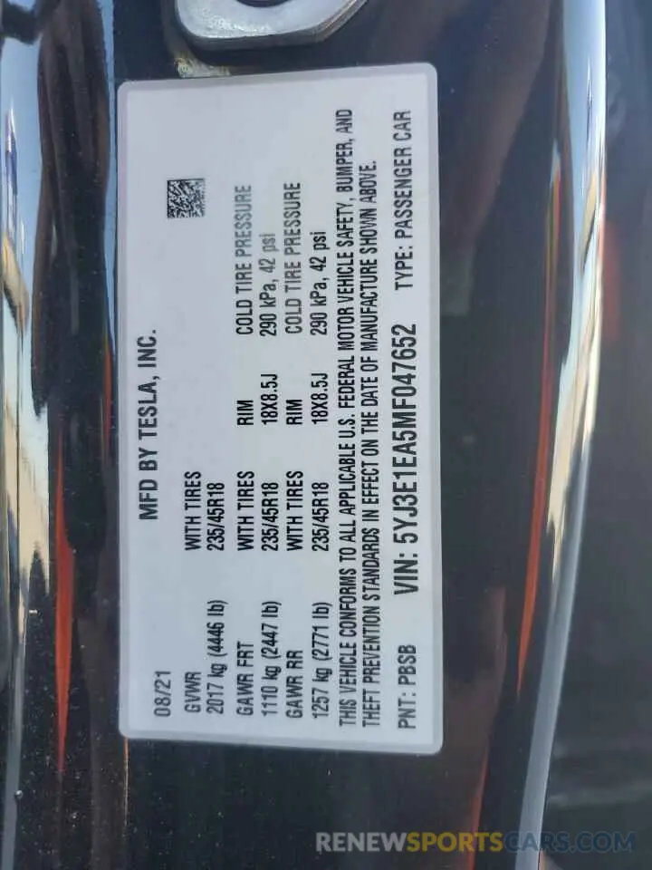 12 Photograph of a damaged car 5YJ3E1EA5MF047652 TESLA MODEL 3 2021