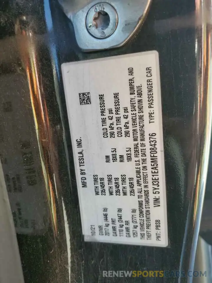 12 Photograph of a damaged car 5YJ3E1EA5MF084376 TESLA MODEL 3 2021