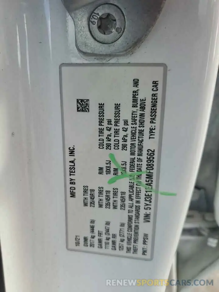 13 Photograph of a damaged car 5YJ3E1EA5MF089562 TESLA MODEL 3 2021