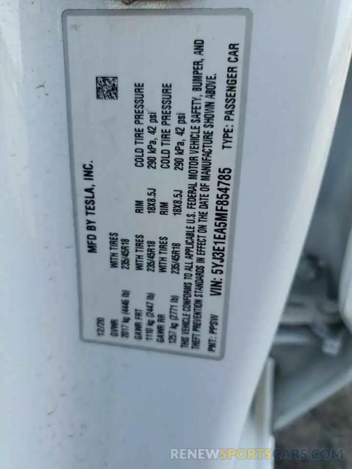12 Photograph of a damaged car 5YJ3E1EA5MF854785 TESLA MODEL 3 2021