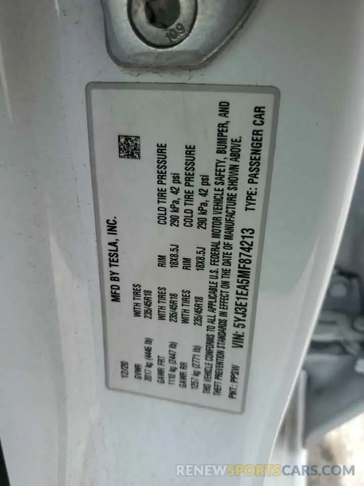 12 Photograph of a damaged car 5YJ3E1EA5MF874213 TESLA MODEL 3 2021