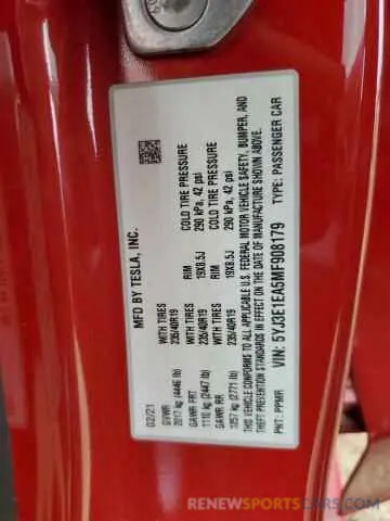 12 Photograph of a damaged car 5YJ3E1EA5MF908179 TESLA MODEL 3 2021