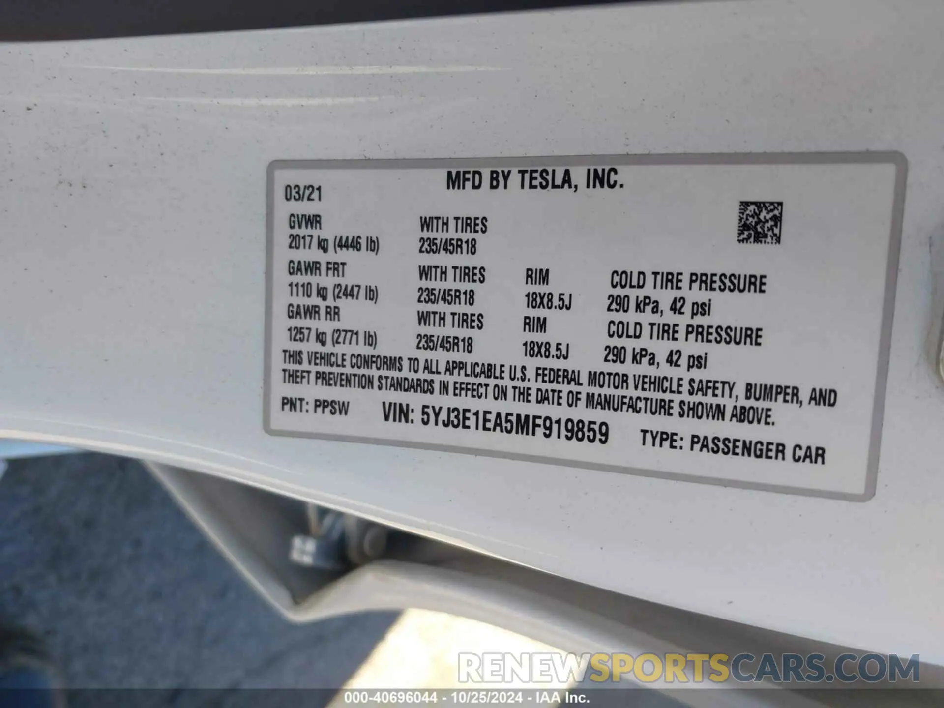 9 Photograph of a damaged car 5YJ3E1EA5MF919859 TESLA MODEL 3 2021