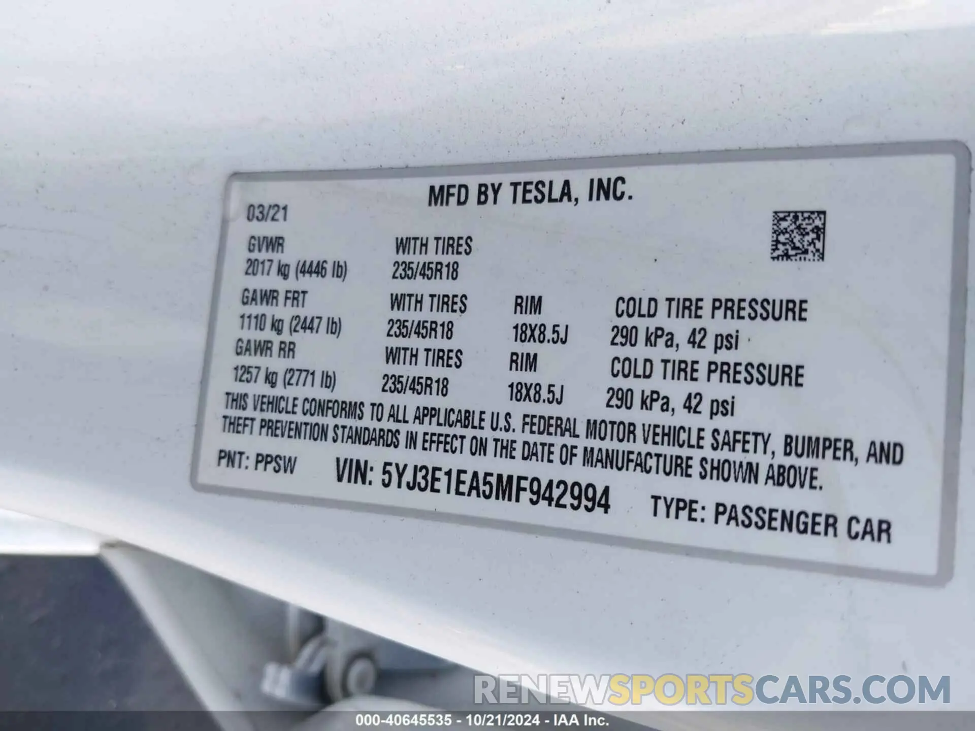 9 Photograph of a damaged car 5YJ3E1EA5MF942994 TESLA MODEL 3 2021