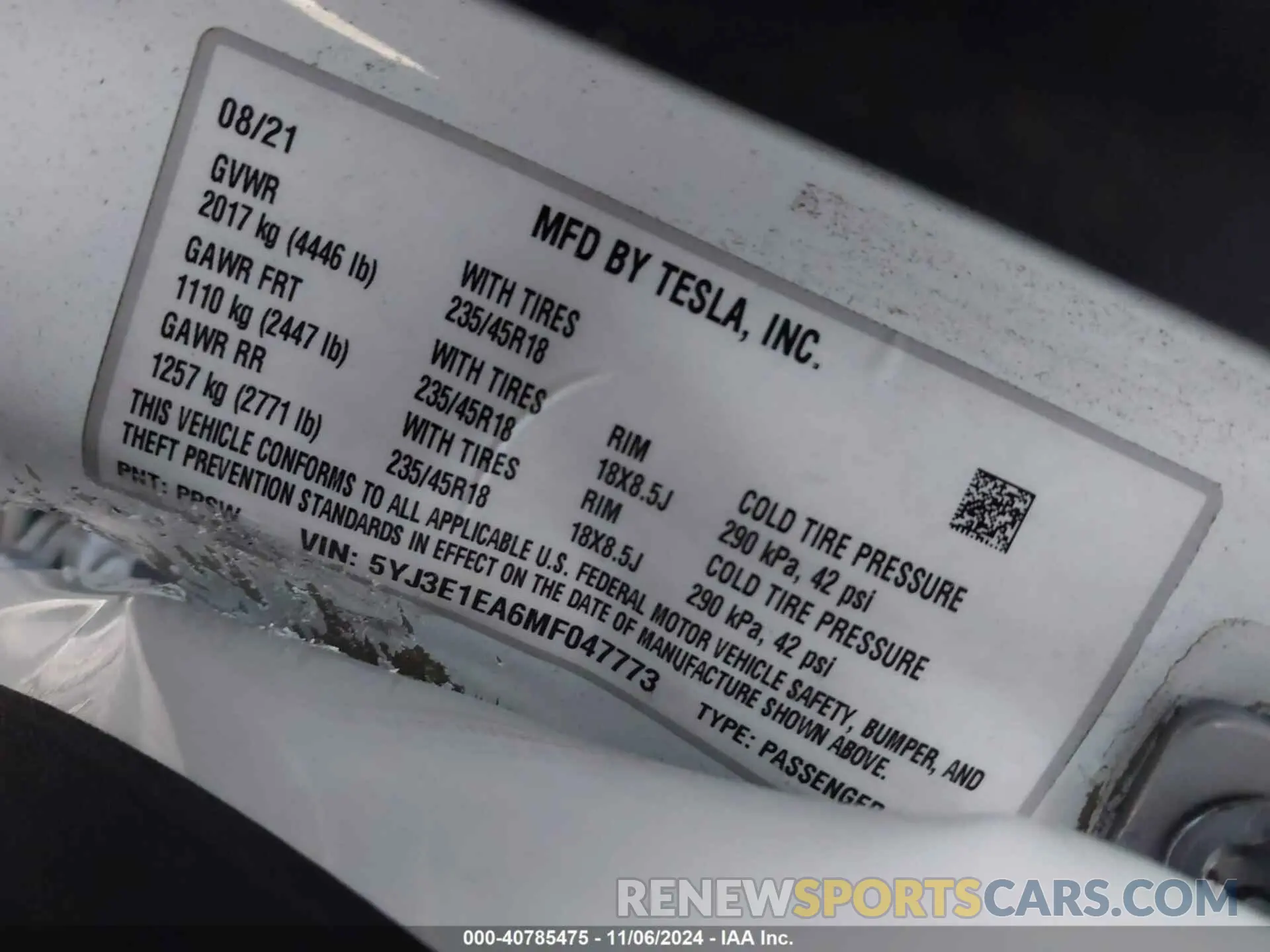 9 Photograph of a damaged car 5YJ3E1EA6MF047773 TESLA MODEL 3 2021