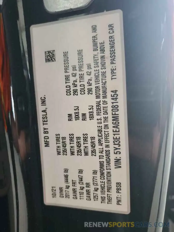 12 Photograph of a damaged car 5YJ3E1EA6MF081454 TESLA MODEL 3 2021