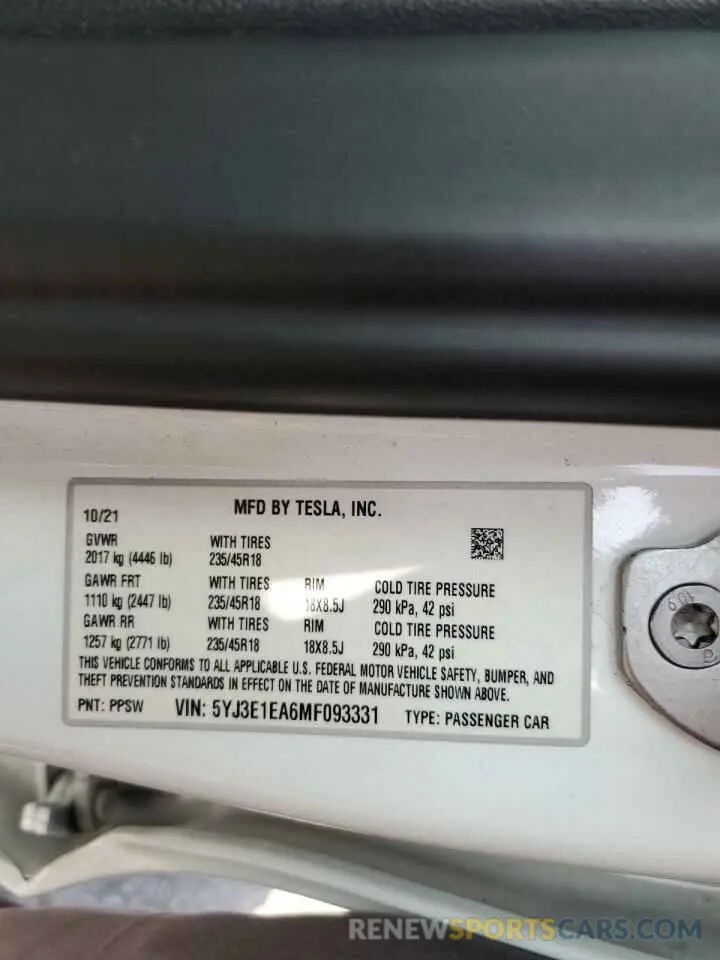 13 Photograph of a damaged car 5YJ3E1EA6MF093331 TESLA MODEL 3 2021