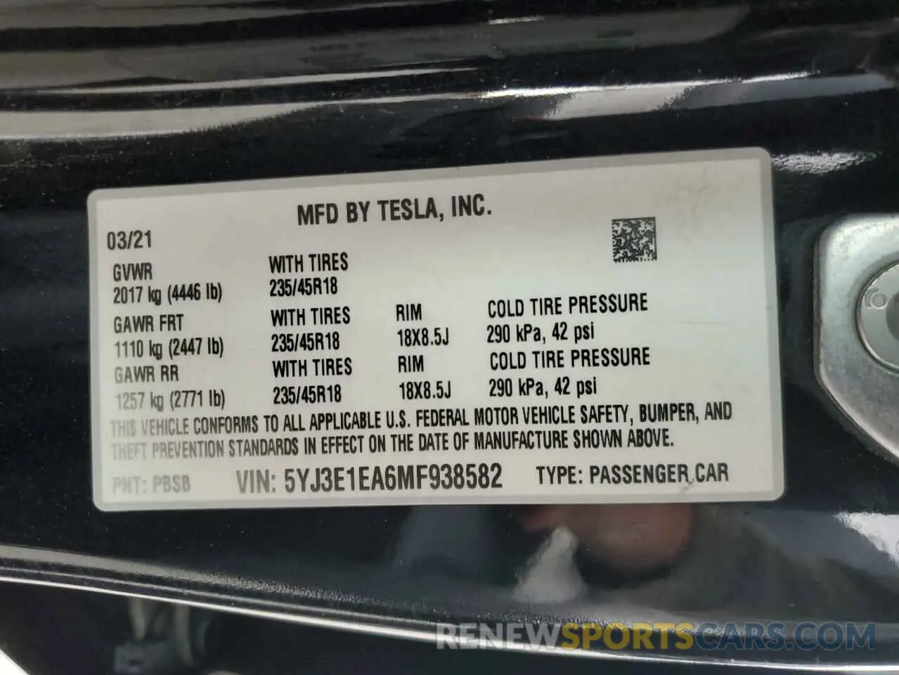 14 Photograph of a damaged car 5YJ3E1EA6MF938582 TESLA MODEL 3 2021