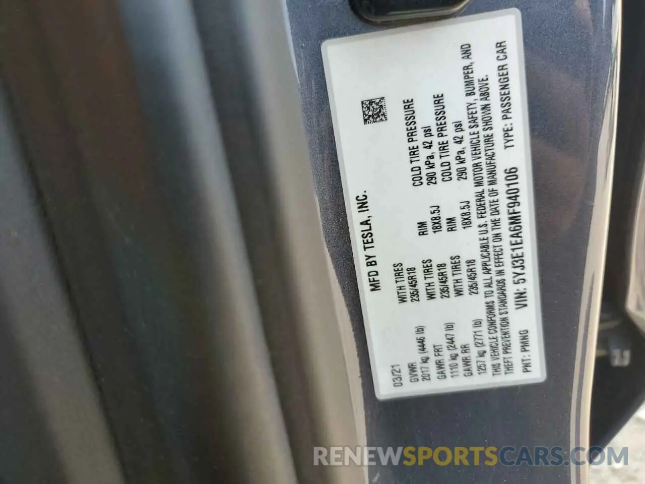 12 Photograph of a damaged car 5YJ3E1EA6MF940106 TESLA MODEL 3 2021