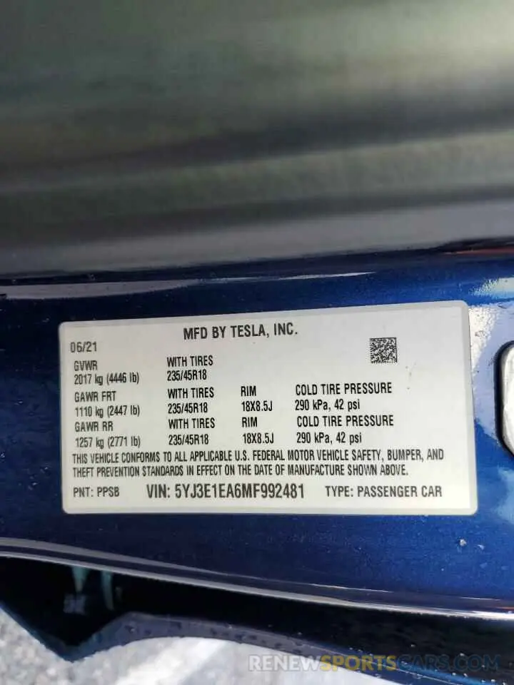 14 Photograph of a damaged car 5YJ3E1EA6MF992481 TESLA MODEL 3 2021