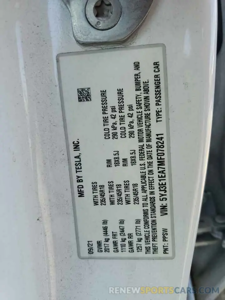 12 Photograph of a damaged car 5YJ3E1EA7MF078241 TESLA MODEL 3 2021
