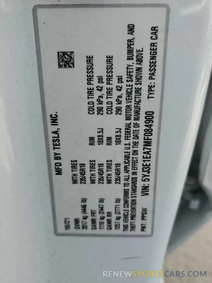 13 Photograph of a damaged car 5YJ3E1EA7MF084900 TESLA MODEL 3 2021