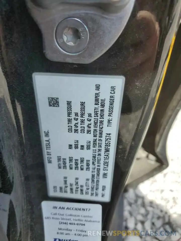 12 Photograph of a damaged car 5YJ3E1EA7MF857574 TESLA MODEL 3 2021