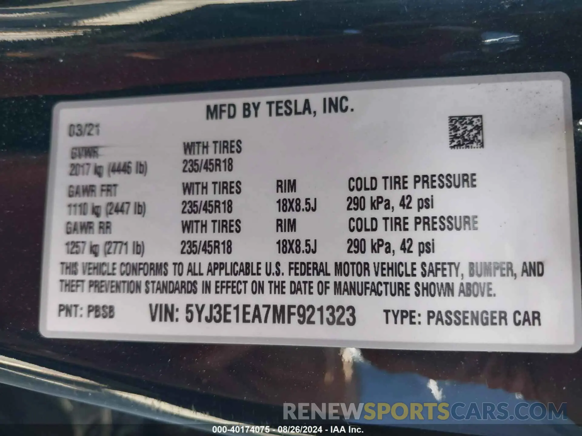 9 Photograph of a damaged car 5YJ3E1EA7MF921323 TESLA MODEL 3 2021