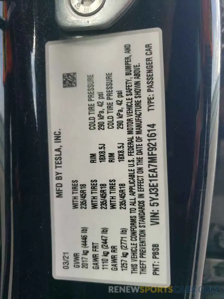 13 Photograph of a damaged car 5YJ3E1EA7MF921614 TESLA MODEL 3 2021