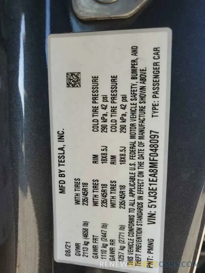 13 Photograph of a damaged car 5YJ3E1EA8MF048097 TESLA MODEL 3 2021