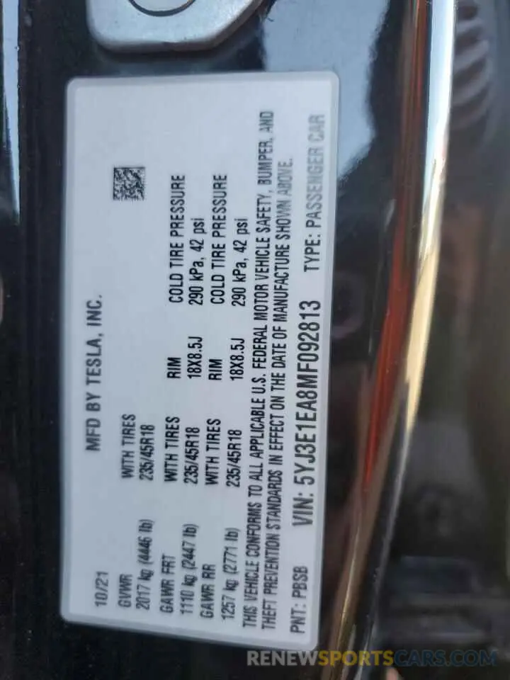 12 Photograph of a damaged car 5YJ3E1EA8MF092813 TESLA MODEL 3 2021