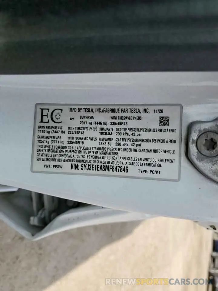 12 Photograph of a damaged car 5YJ3E1EA8MF847846 TESLA MODEL 3 2021