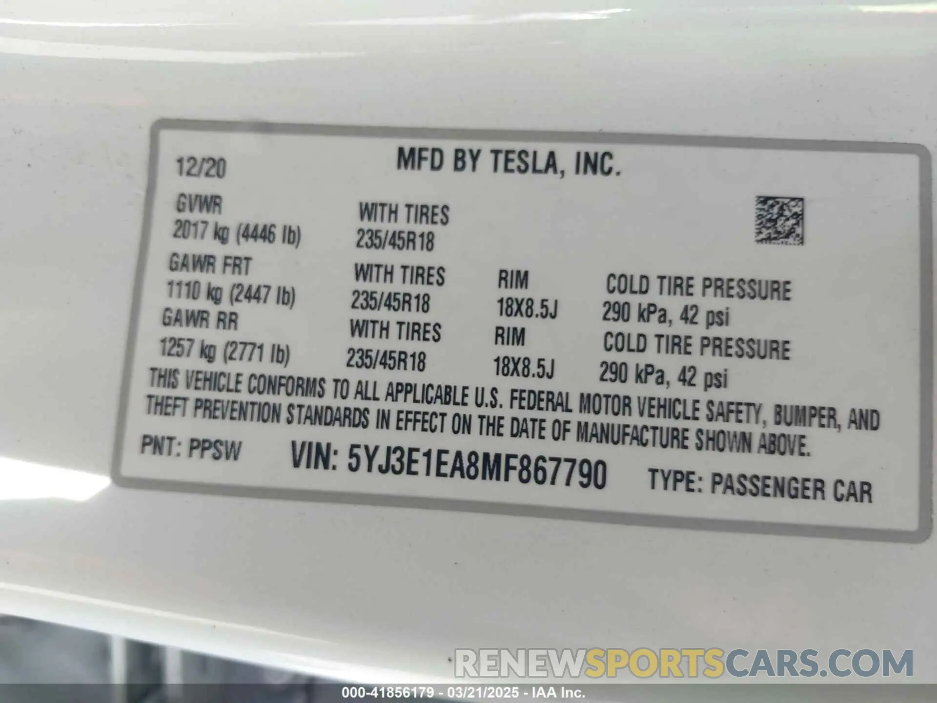 9 Photograph of a damaged car 5YJ3E1EA8MF867790 TESLA MODEL 3 2021
