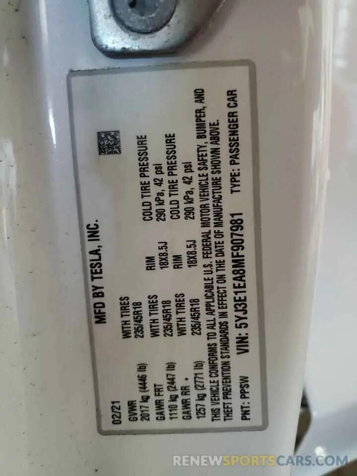 13 Photograph of a damaged car 5YJ3E1EA8MF907981 TESLA MODEL 3 2021