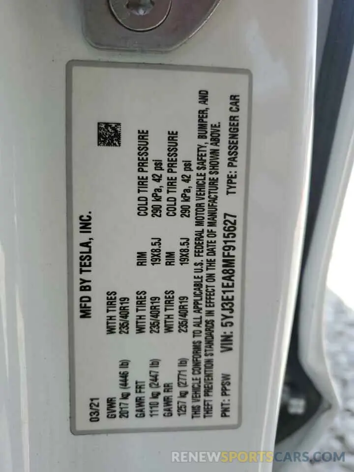 13 Photograph of a damaged car 5YJ3E1EA8MF915627 TESLA MODEL 3 2021