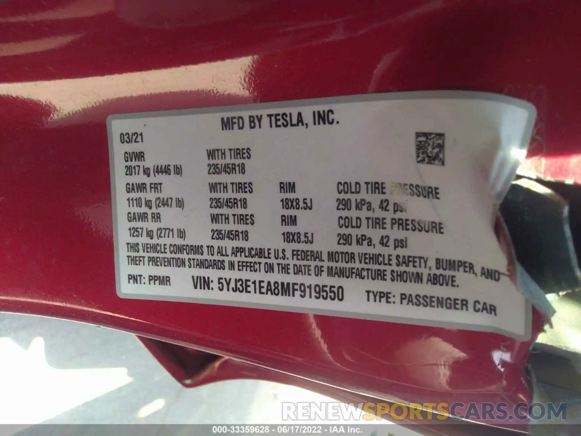 9 Photograph of a damaged car 5YJ3E1EA8MF919550 TESLA MODEL 3 2021