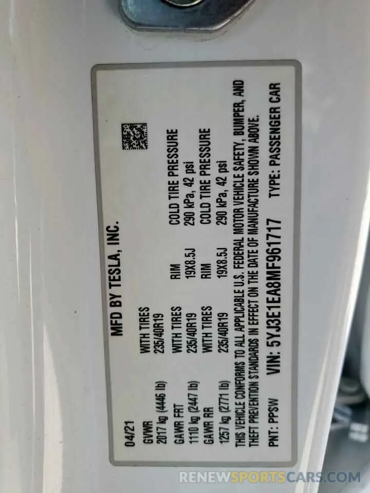 14 Photograph of a damaged car 5YJ3E1EA8MF961717 TESLA MODEL 3 2021