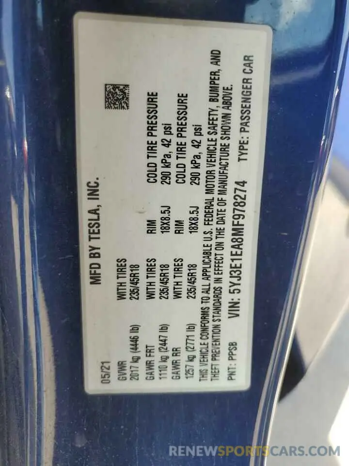 13 Photograph of a damaged car 5YJ3E1EA8MF978274 TESLA MODEL 3 2021