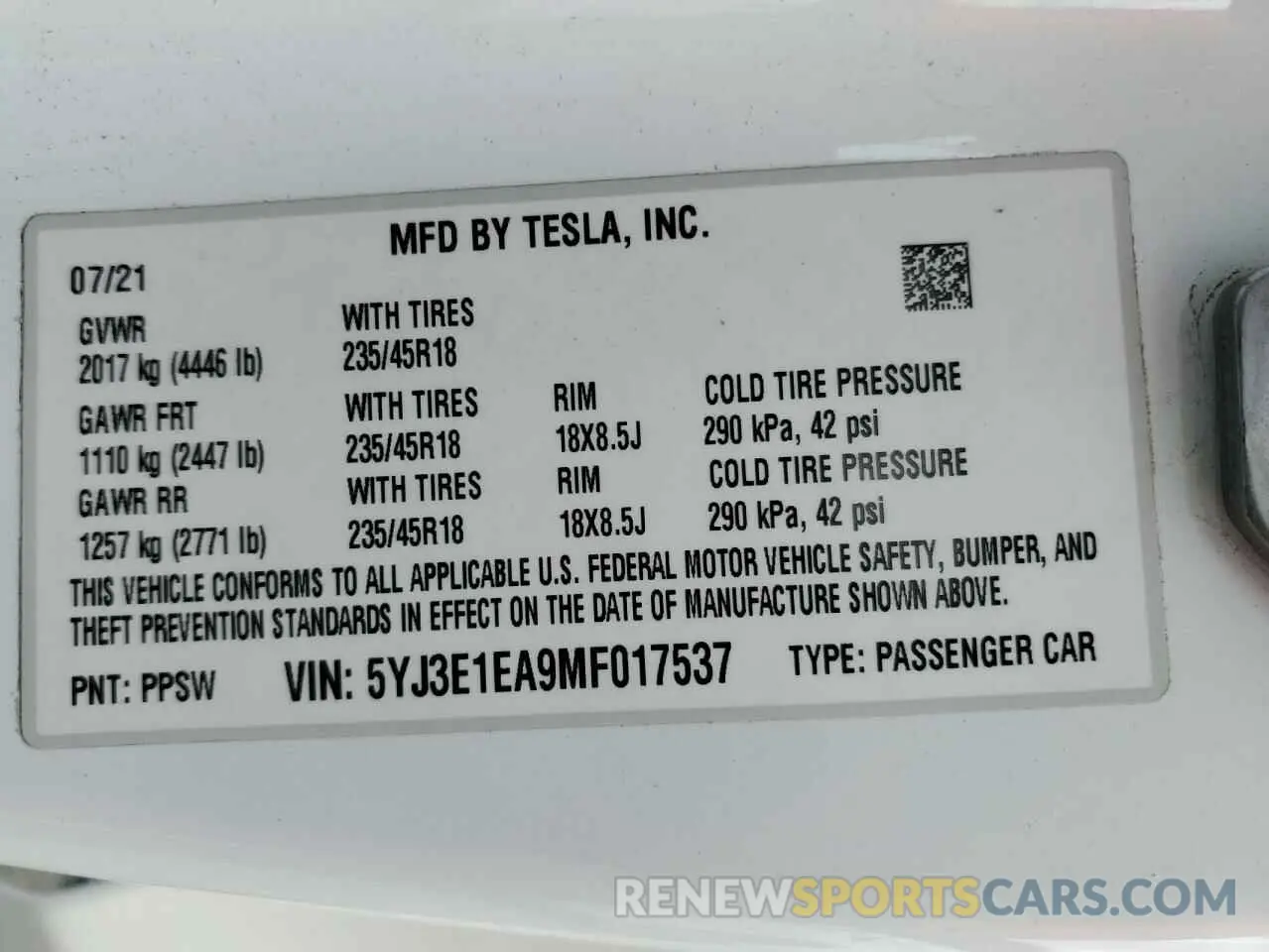 12 Photograph of a damaged car 5YJ3E1EA9MF017537 TESLA MODEL 3 2021