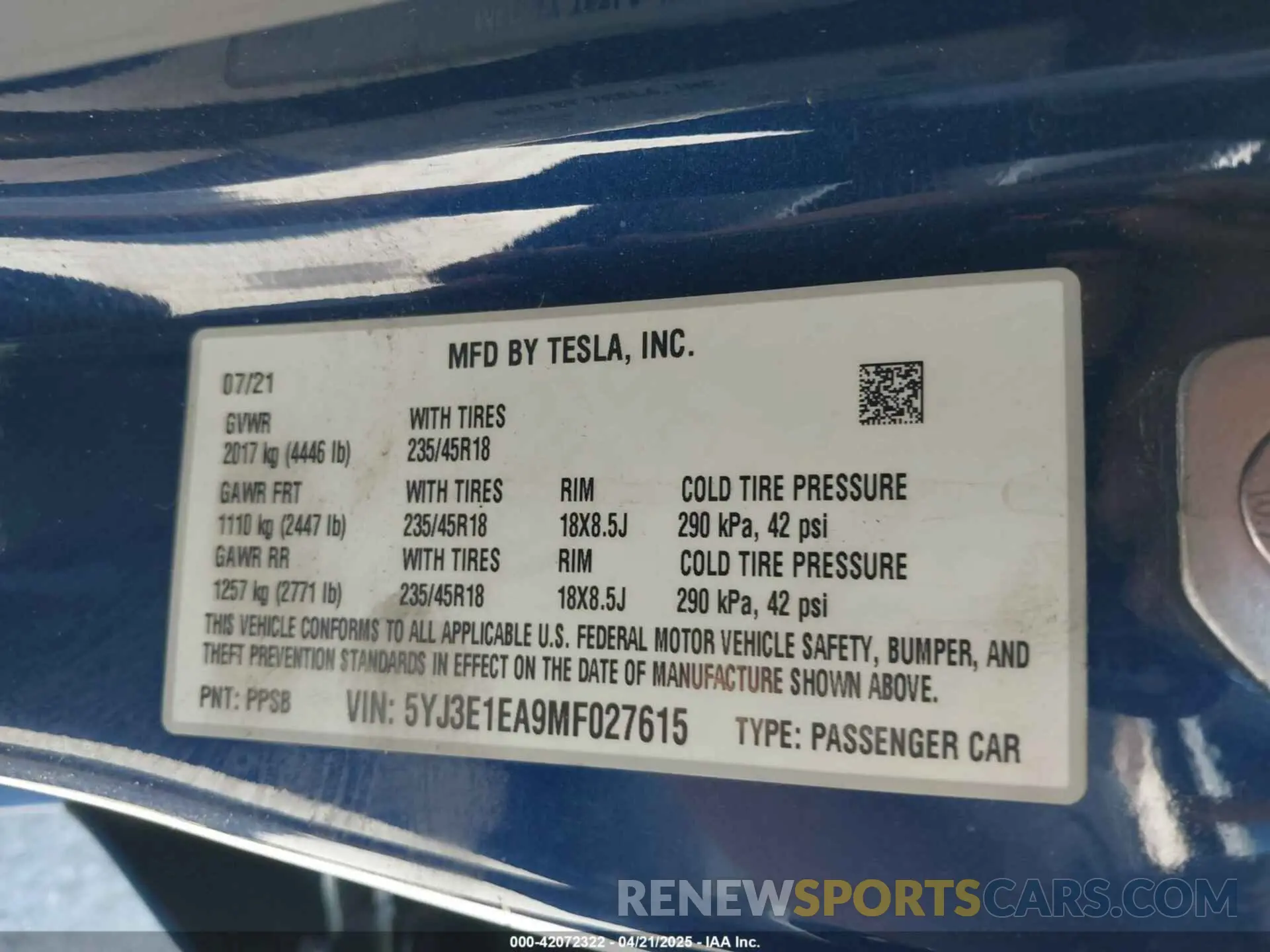 9 Photograph of a damaged car 5YJ3E1EA9MF027615 TESLA MODEL 3 2021