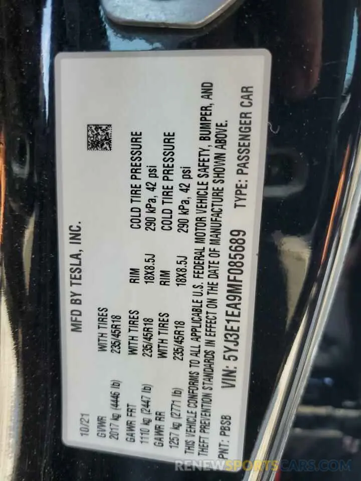 12 Photograph of a damaged car 5YJ3E1EA9MF085689 TESLA MODEL 3 2021