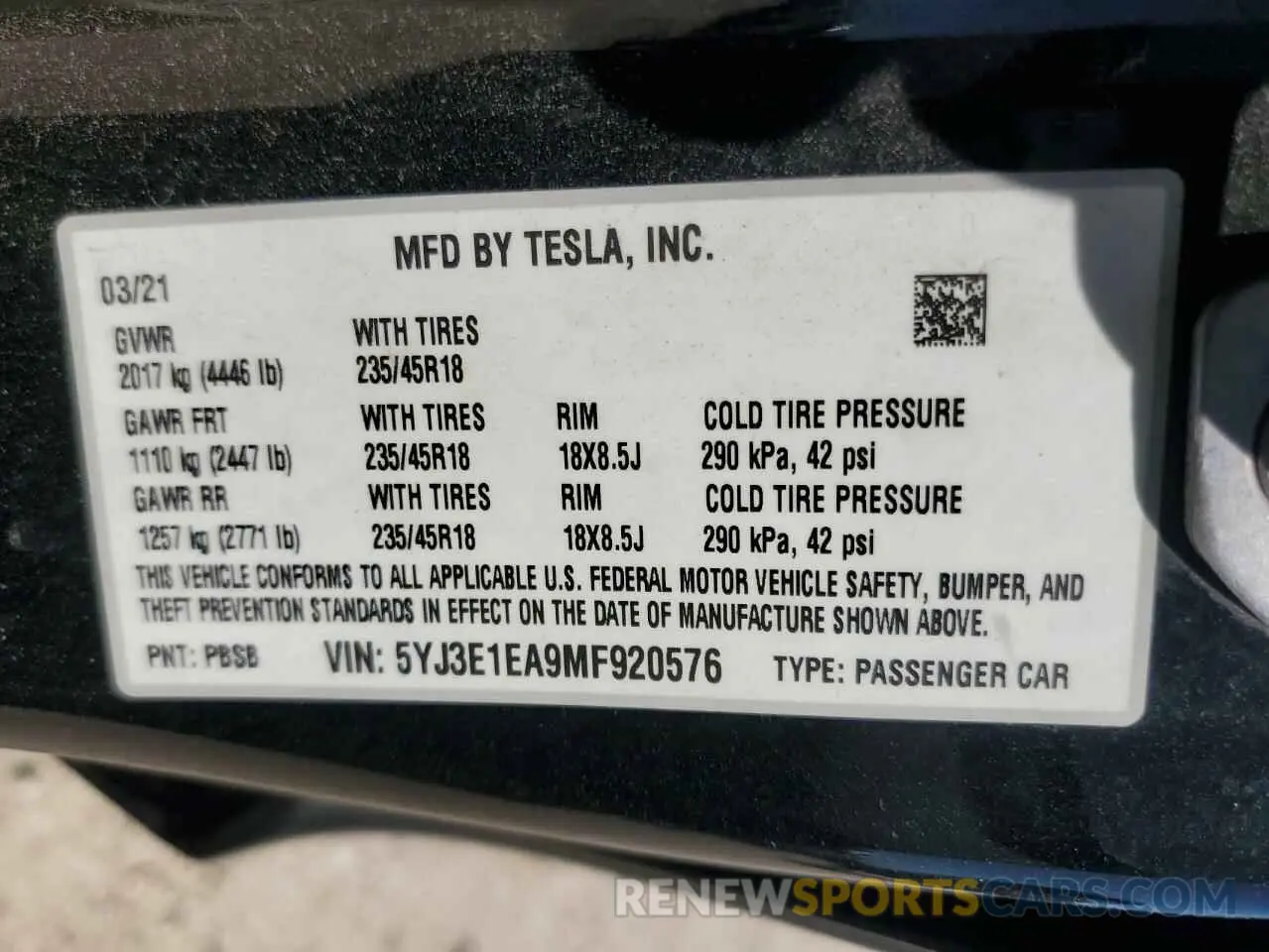 14 Photograph of a damaged car 5YJ3E1EA9MF920576 TESLA MODEL 3 2021