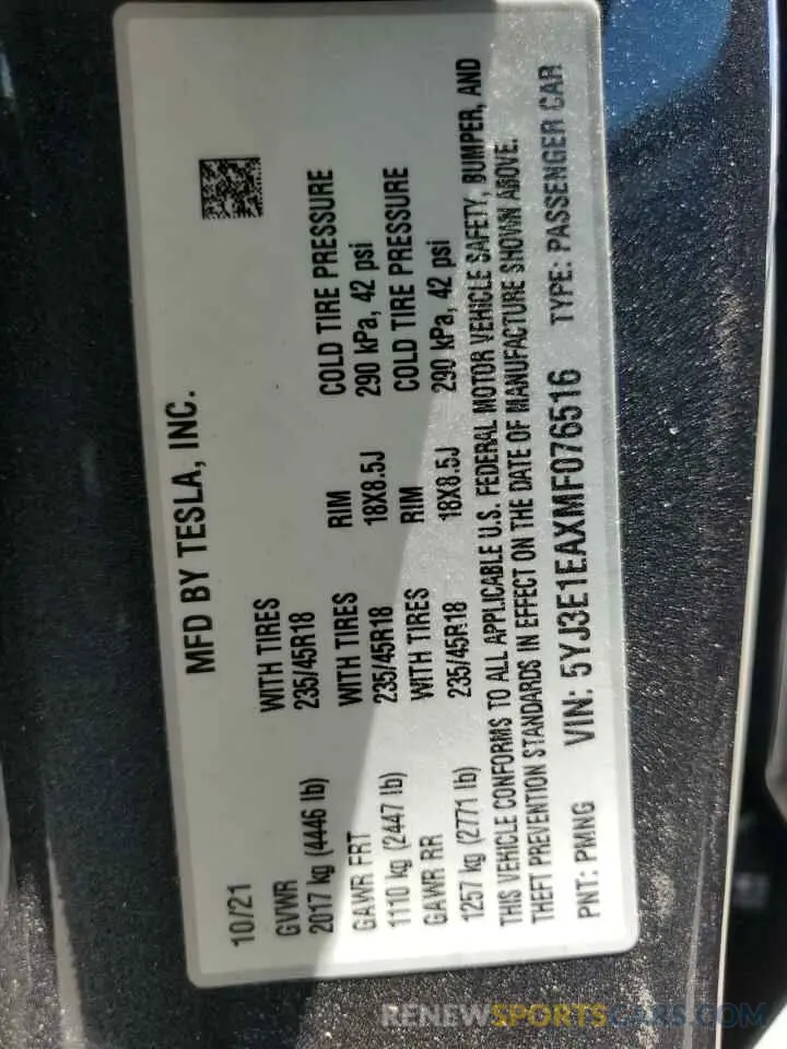 12 Photograph of a damaged car 5YJ3E1EAXMF076516 TESLA MODEL 3 2021