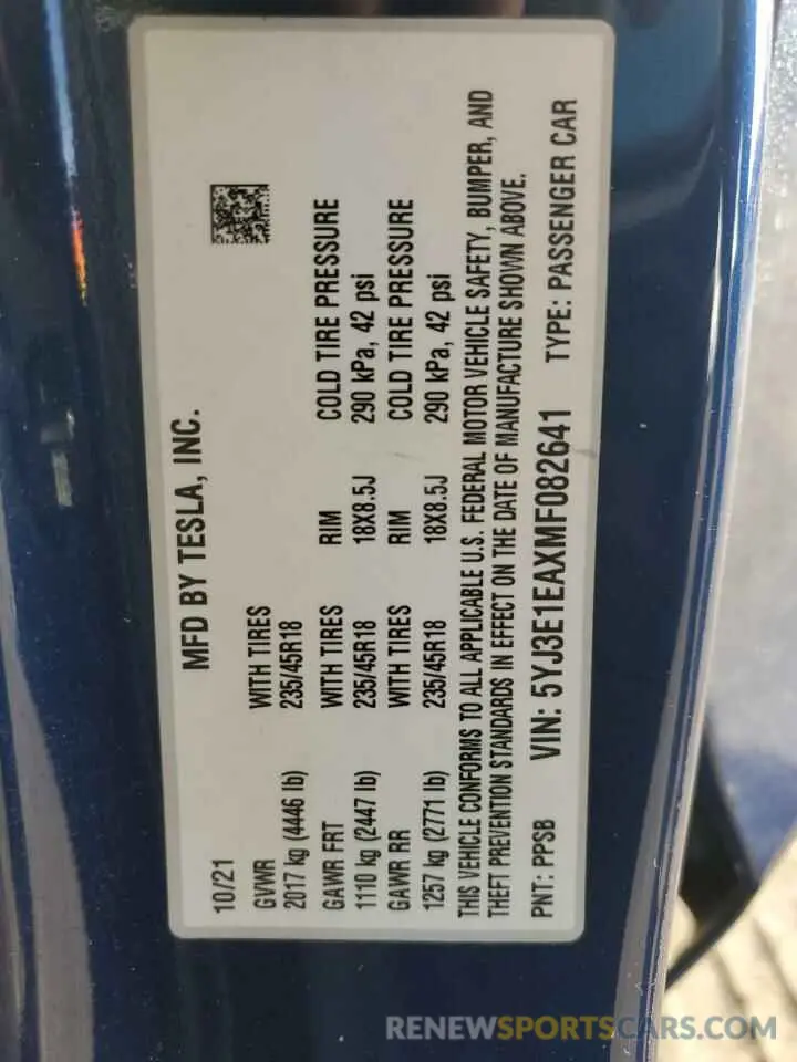 12 Photograph of a damaged car 5YJ3E1EAXMF082641 TESLA MODEL 3 2021