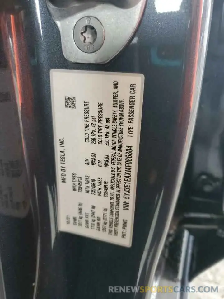 12 Photograph of a damaged car 5YJ3E1EAXMF086804 TESLA MODEL 3 2021