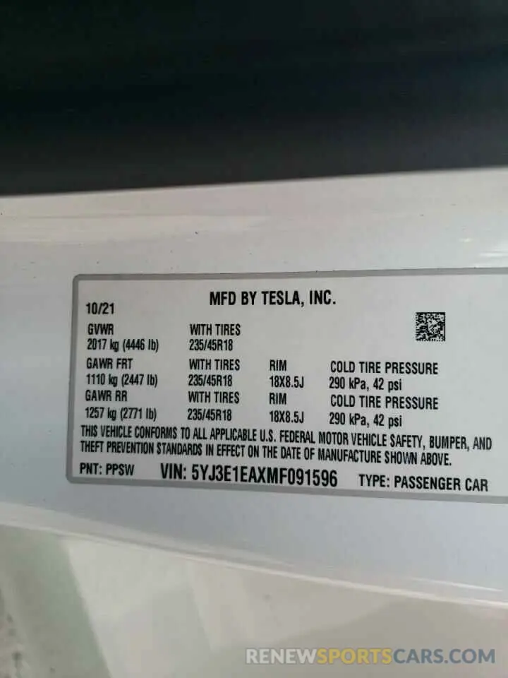 12 Photograph of a damaged car 5YJ3E1EAXMF091596 TESLA MODEL 3 2021