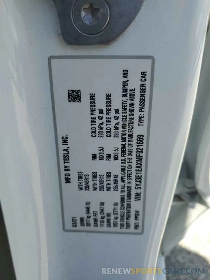 13 Photograph of a damaged car 5YJ3E1EAXMF921669 TESLA MODEL 3 2021
