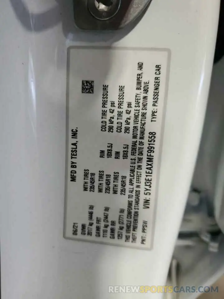 13 Photograph of a damaged car 5YJ3E1EAXMF991558 TESLA MODEL 3 2021