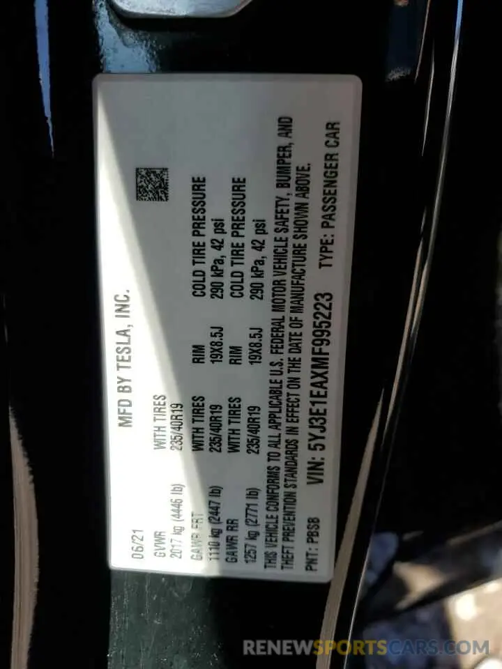 13 Photograph of a damaged car 5YJ3E1EAXMF995223 TESLA MODEL 3 2021