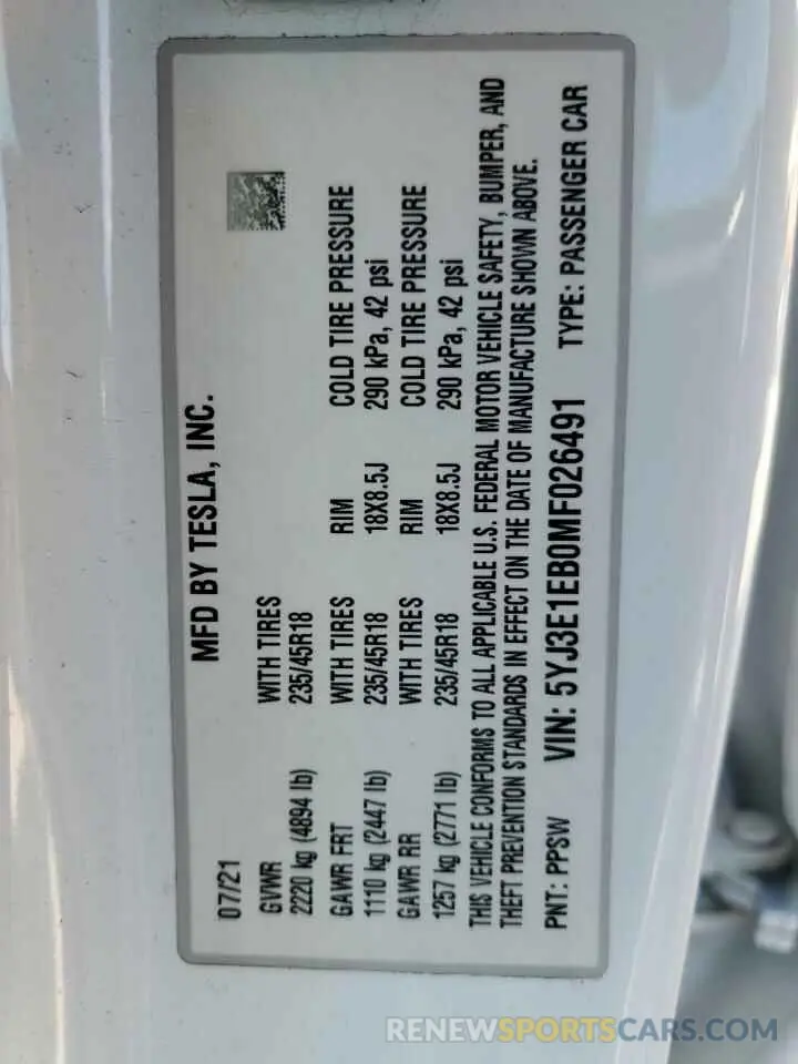 13 Photograph of a damaged car 5YJ3E1EB0MF026491 TESLA MODEL 3 2021
