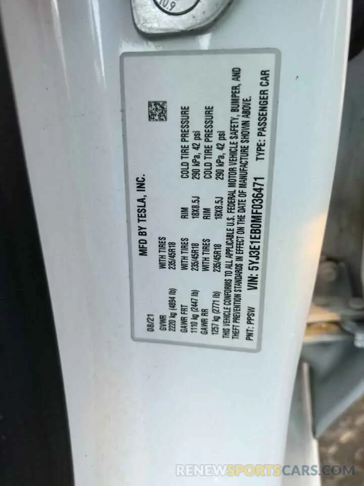 12 Photograph of a damaged car 5YJ3E1EB0MF036471 TESLA MODEL 3 2021