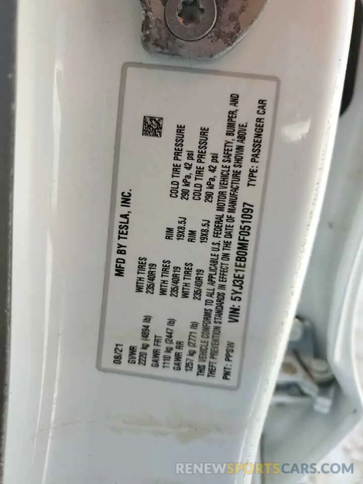 13 Photograph of a damaged car 5YJ3E1EB0MF051097 TESLA MODEL 3 2021