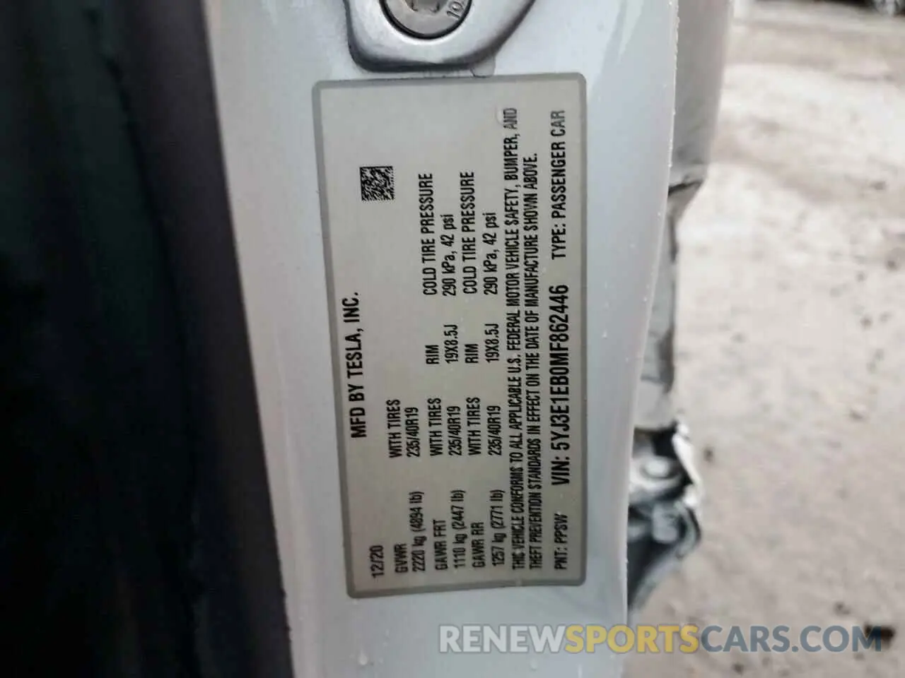 12 Photograph of a damaged car 5YJ3E1EB0MF862446 TESLA MODEL 3 2021
